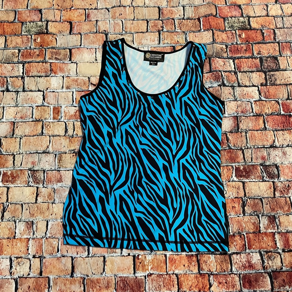Christine Alexander Blue and Black Fitted Sleeveless Tank Top with Crystals